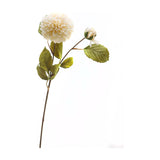 Hill Interiors White Dahlia Stem with a rounded layered cream bloom, small bud and green leaves along a slender stem, on a white background.