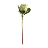 Hill Interiors Large White Protea faux stem with pointed cream petals, green leaves and a bendable brown stem, shown on a plain white background.