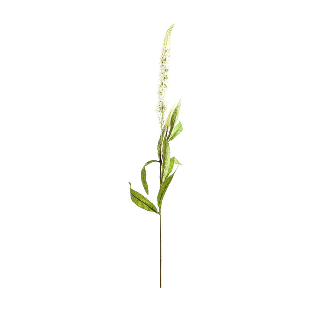Hill Interiors White Veronica Stem faux flower with tall tapering spire of small white blooms and slim green leaves, shown on a plain white background.