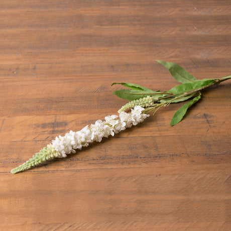 Hill Interiors White Veronica Stem laid diagonally on a wooden surface, showing the tapering spire of small white blooms and slim green leaves.
