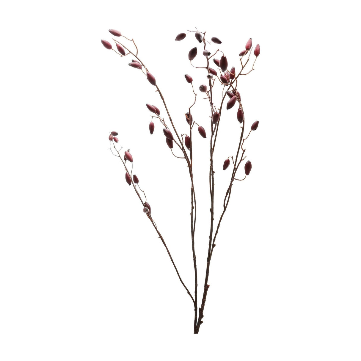 Hill Interiors Burgundy Rosehip Stem, a tall faux foliage branch with clusters of deep red berries on slender stems, shown against a plain white background.