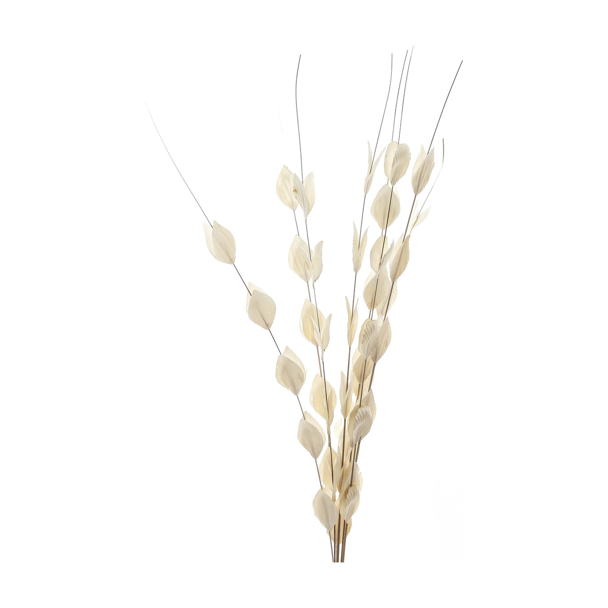 Hill Interiors Bouquet of Dried Thlaspi Arvense faux stems in soft white with flat coin-shaped seed pods on slender branches, shown on a plain white background.