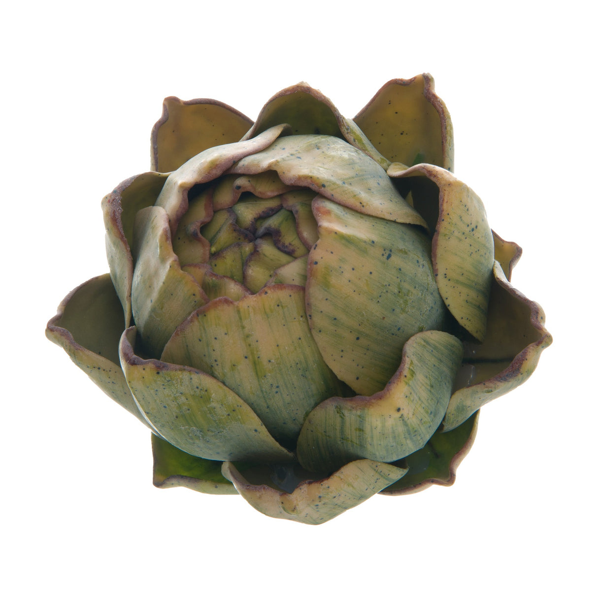 Hill Interiors Real Touch Artificial Artichoke with layered green bracts and subtle brown-tipped edges, shown on a plain white background.