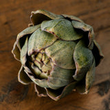 Hill Interiors Real Touch Artificial Artichoke with layered green bracts and tapered points, shown from above on a rustic wooden surface.