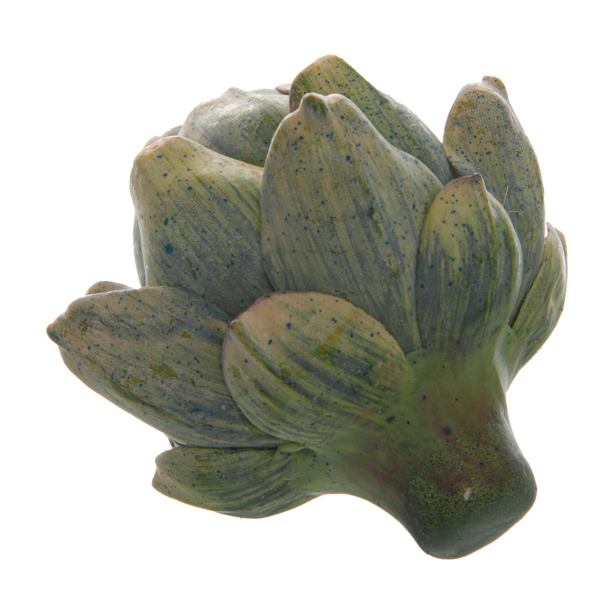 Hill Interiors Real Touch Artificial Artichoke in green plastic with layered tapered bracts and a short stem, shown on a plain white background.
