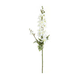 Tall white delphinium faux stem by Hill Interiors with layered ruffled florets, buds and slim green leaves along a wired stalk, on a white background.
