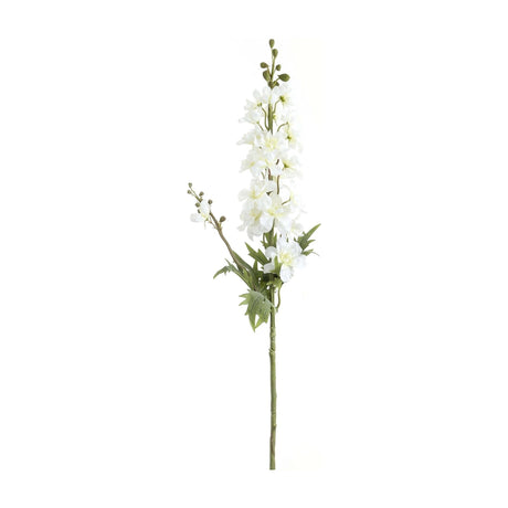 Tall white delphinium faux stem by Hill Interiors with layered ruffled florets, buds and slim green leaves along a wired stalk, on a white background.