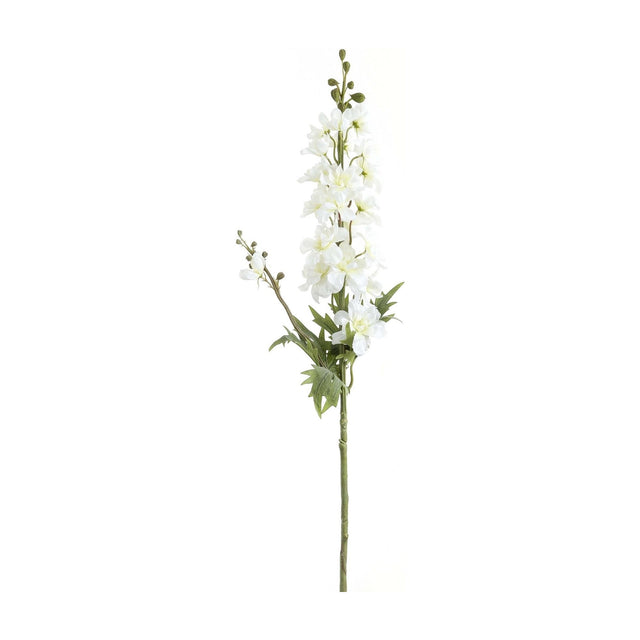 Tall white delphinium faux stem by Hill Interiors with layered ruffled florets, buds and slim green leaves along a wired stalk, on a white background.