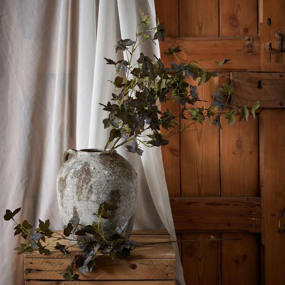 Hill Interiors Variegated Maple Leaf stems arranged in a weathered stone urn on a wooden crate beside a linen curtain and rustic pine door.