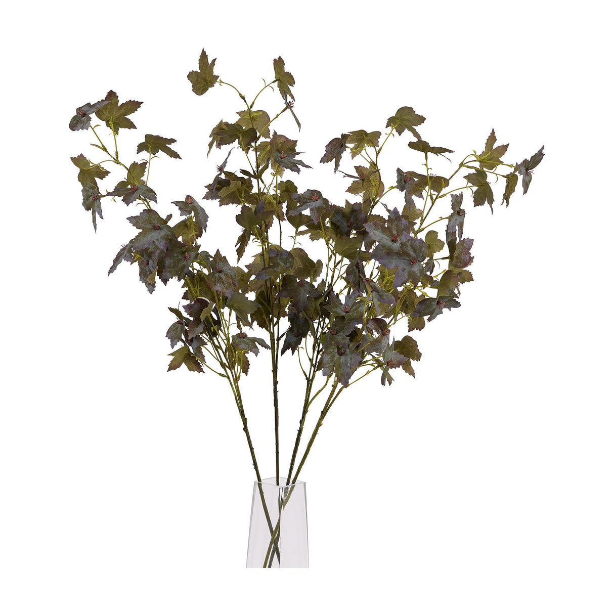 Hill Interiors Variegated Maple Leaf faux foliage stems arranged in a tall clear glass vase, showing lobed green leaves with subtle variegation.