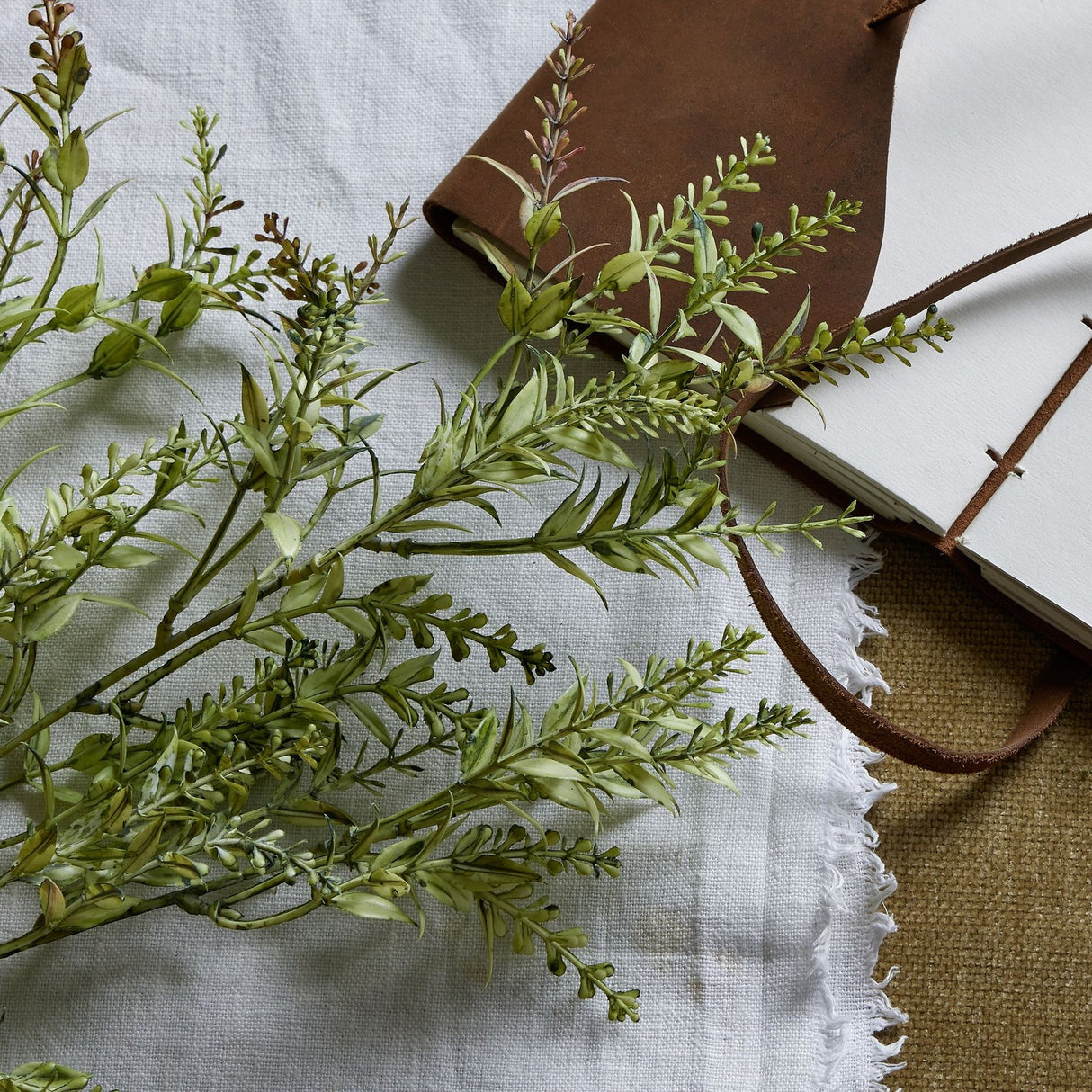 Hill Interiors Broom Stem faux plant with slender green foliage and needle-like leaves, laid on linen beside a brown leather-bound journal.