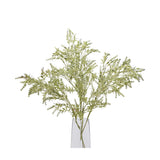 Hill Interiors Broom Stem faux plant with tall upright branches of fine green needle-like foliage in a clear tapered glass vase on a white background.