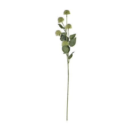 Hill Interiors Thistle Globe Stem with five spiky green globe heads and slim leaves along a bendable wired stalk, shown on a plain white background.
