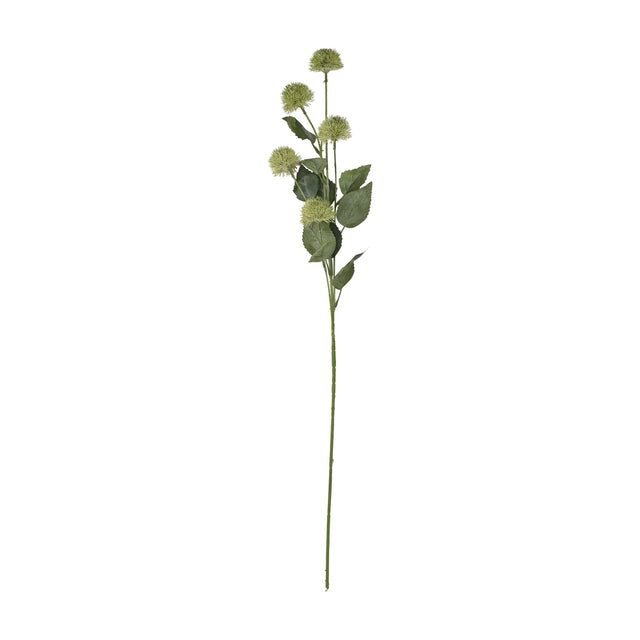 Hill Interiors Thistle Globe Stem with five spiky green globe heads and slim leaves along a bendable wired stalk, shown on a plain white background.
