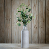 Hill Interiors Thistle Globe Stem with green spiky globe heads and leafy foliage displayed in a tall grey stone bottle vase against a wooden plank backdrop.