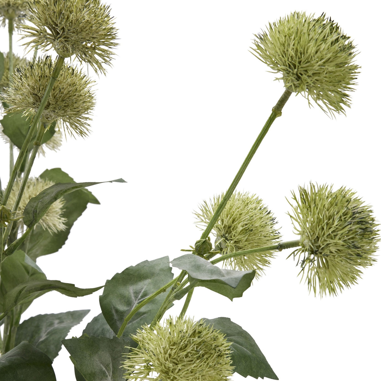 Hill Interiors Thistle Globe Stem faux plant with spiky green globe heads on bendable stems and broad green leaves, shown against a plain white background.