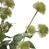 Hill Interiors Thistle Globe Stem faux plant with spiky green globe heads on bendable stems and broad green leaves, shown against a plain white background.