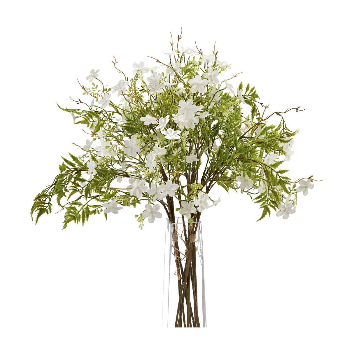 Hill Interiors Italian White Bellflower faux stems with clusters of small white blooms and slim green leaves in a clear glass vase on a white background.