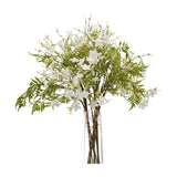 Hill Interiors Italian White Bellflower faux stems with clusters of small white blooms and slim green leaves in a clear glass vase on a white background.