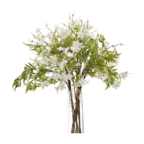 Hill Interiors Italian White Bellflower faux stems with clusters of small white blooms and slim green leaves in a clear glass vase on a white background.