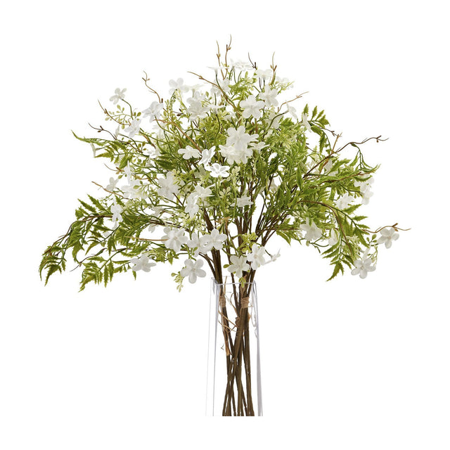 Hill Interiors Italian White Bellflower faux stems with clusters of small white blooms and slim green leaves in a clear glass vase on a white background.