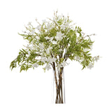 Hill Interiors Italian White Bellflower faux stems with bell-shaped white blooms and slim green leaves, arranged in a clear glass vase on a white background.