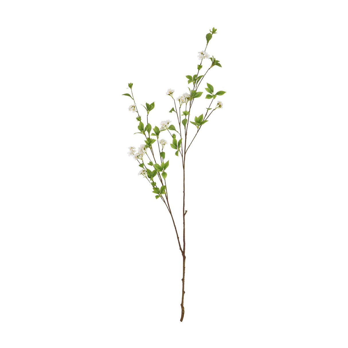 Tall Mock Orange Spray by Hill Interiors, a 135cm faux flower stem with white blossoms and green leaves on slender branching stems, on a plain white background.