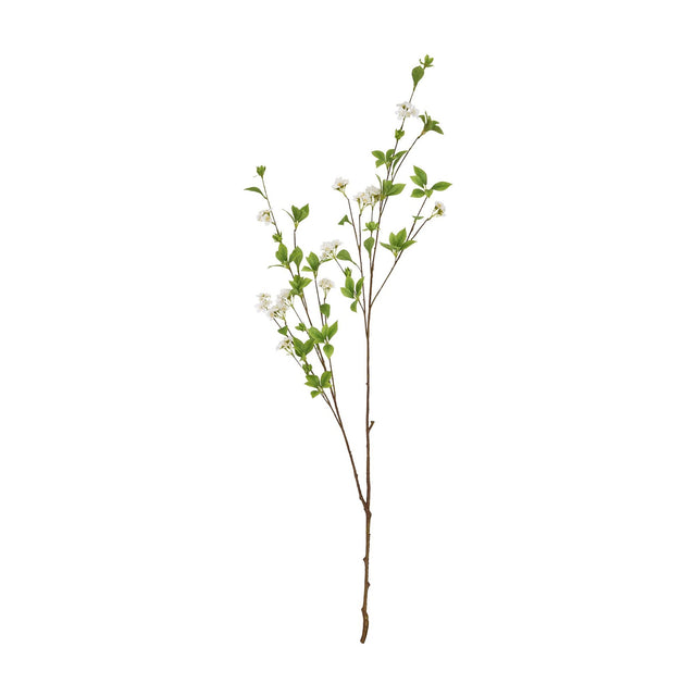 Tall Mock Orange Spray by Hill Interiors, a 135cm faux flower stem with white blossoms and green leaves on slender branching stems, on a plain white background.