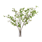 Hill Interiors Tall Mock Orange Spray with white blossoms and green leaves on slender branching stems in a clear glass vase against a white background.
