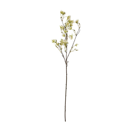 Hill Interiors Elaeocarpus Stem, a tall faux branch with slender green leaves and small white blossoms on a wired stem, on a white background.