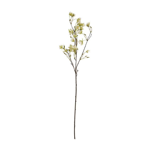 Hill Interiors Elaeocarpus Stem, a tall faux branch with slender green leaves and small white blossoms on a wired stem, on a white background.