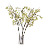 Hill Interiors Elaeocarpus Stem faux flower arrangement with tall branches of small white blooms and green buds displayed in a clear glass vase.