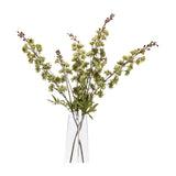 Hill Interiors Tall Green Hops Stem arrangement with sage green cone-shaped blooms and brown buds along slender stems in a clear glass vase.