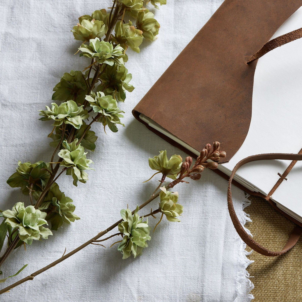 Hill Interiors Tall Green Hops Stem with cascading sage cone-shaped blooms laid on white linen beside a brown leather-bound journal with blank pages.