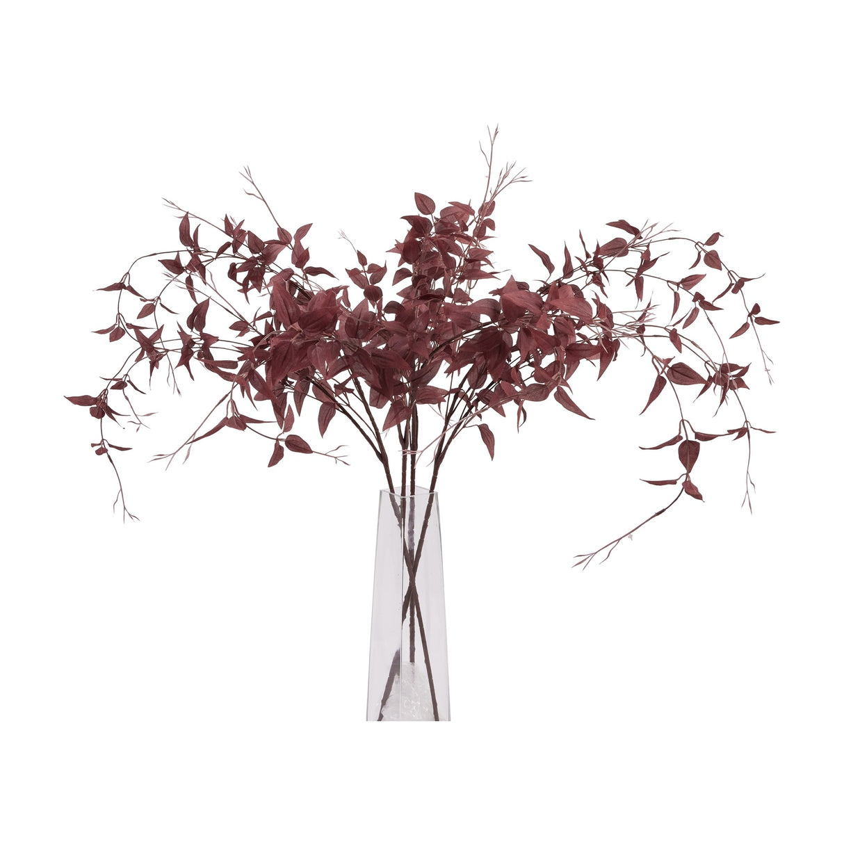 Hill Interiors Ornamental Burgundy Leaf faux foliage stems with veined red leaves arranged in a tall clear glass vase on a white background.