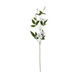 Hill Interiors White Florida Clematis faux flower stem with open white blooms, tighter buds and green foliage on a wired stem, shown on a white background.