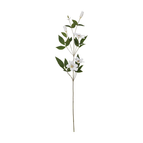 Hill Interiors White Florida Clematis faux flower stem with open white blooms, tighter buds and green foliage on a wired stem, shown on a white background.