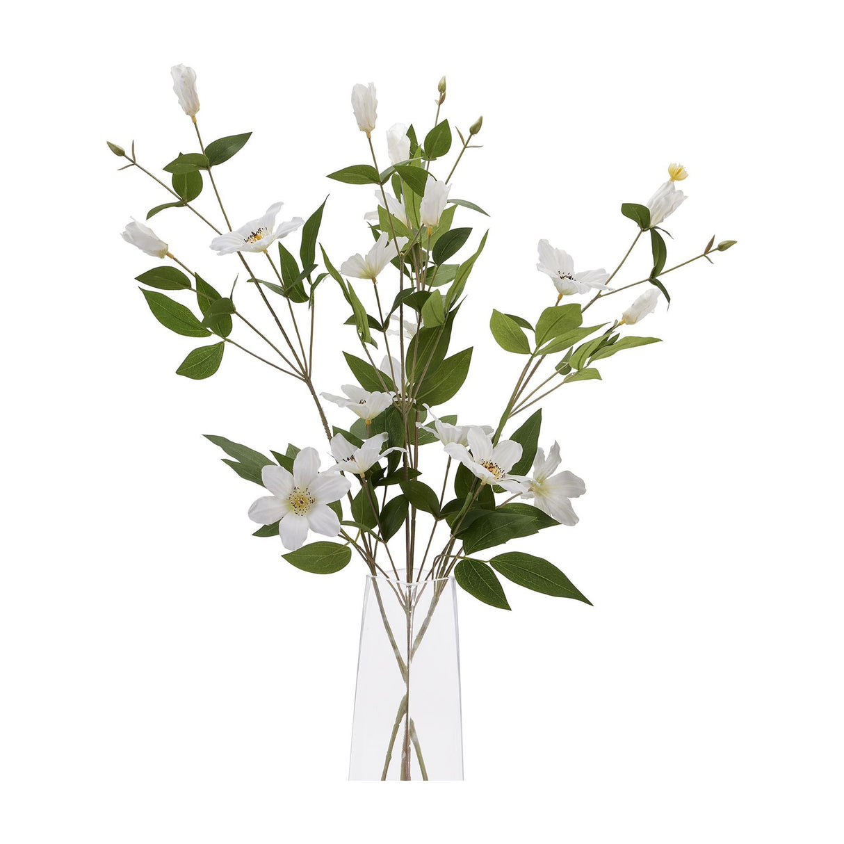 Hill Interiors White Florida Clematis faux flower stems with open white blooms, buds and green foliage arranged in a clear glass vase.