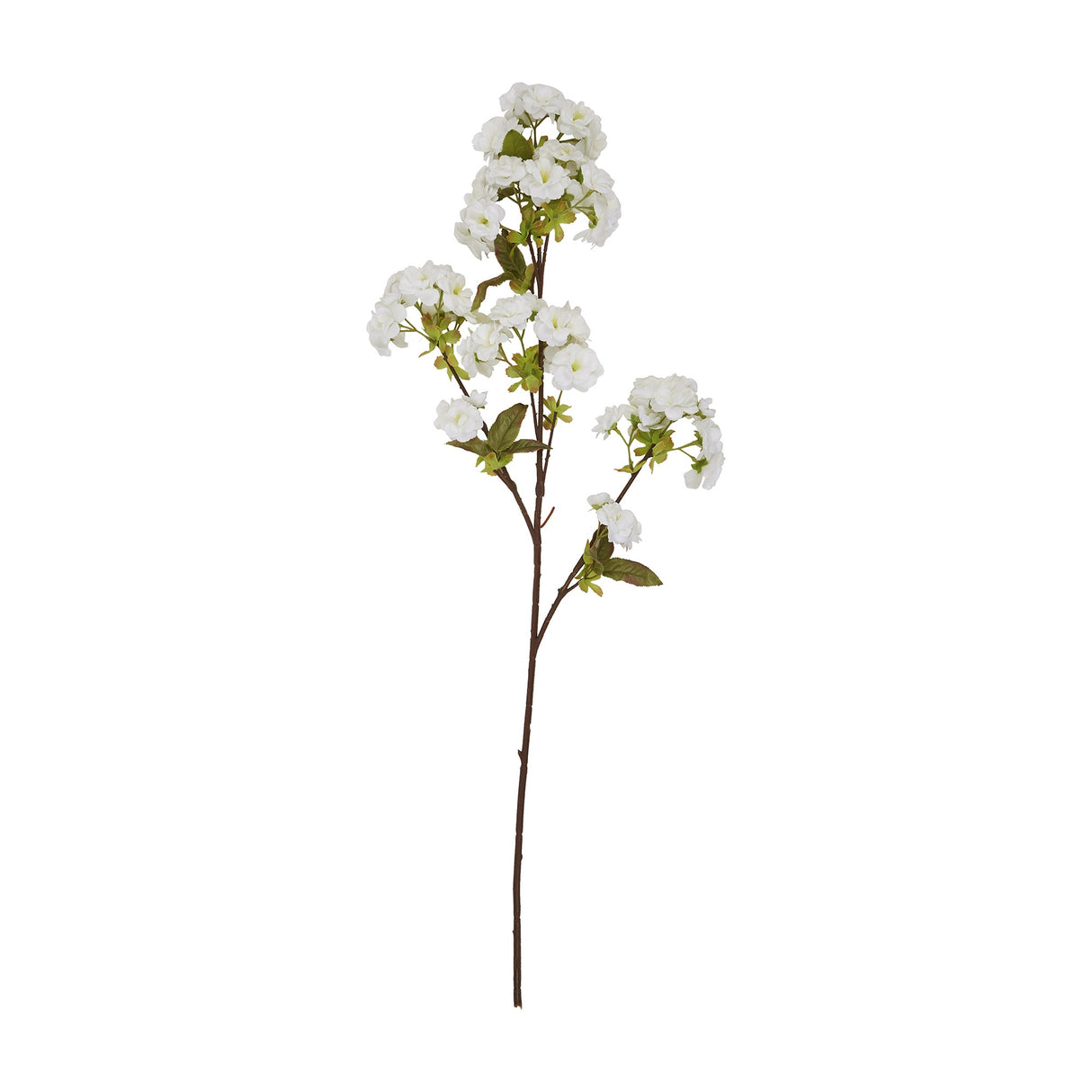 Hill Interiors Tall White Blossom faux stem with clusters of small white petals and green leaves along slender branches, shown on a white background.