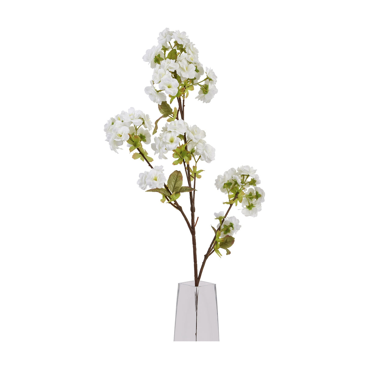 Hill Interiors Tall White Blossom faux stem with clusters of white petals and green leaves along slender branches, displayed in a clear vase.