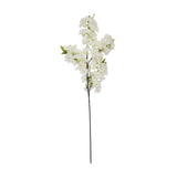 Hill Interiors large white faux cherry blossom stem with clustered blooms and green leaves on a slim dark branch, shown against a plain white background.
