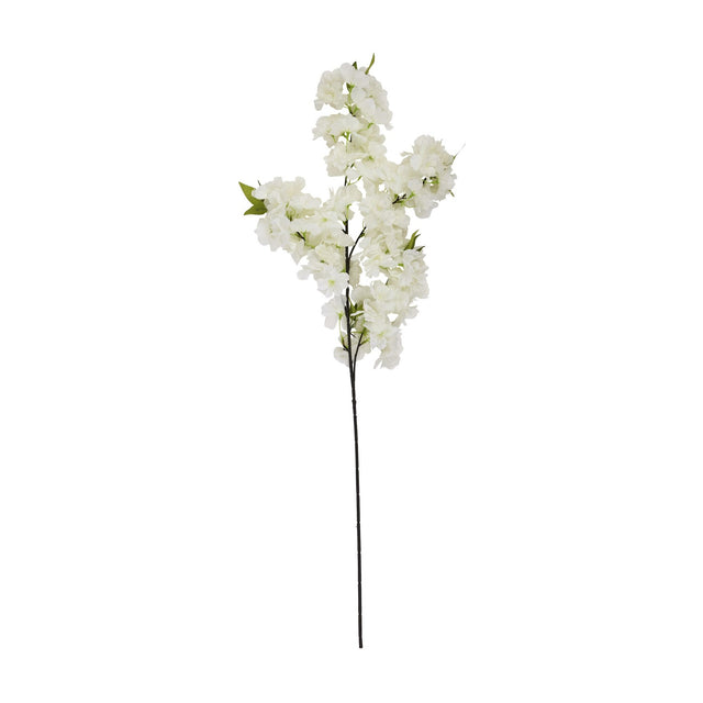 Hill Interiors large white faux cherry blossom stem with clustered blooms and green leaves on a slim dark branch, shown against a plain white background.