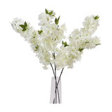 Hill Interiors Large White Full Cherry Blossom Stems arranged in a tall clear glass vase against a plain white background.