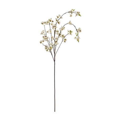 Hill Interiors White Japanese Blossom faux stem with clusters of delicate white flowers and buds along slender brown branches on a white background.