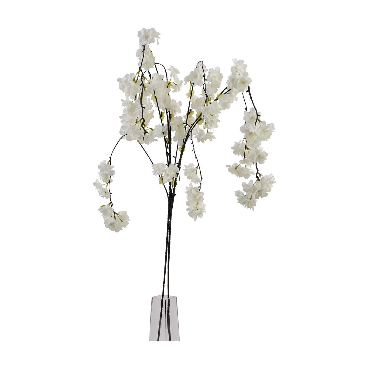 Hill Interiors Large White Cherry Blossom Stem with layered pale petals and buds on bending branches, displayed in a tall clear glass vase.