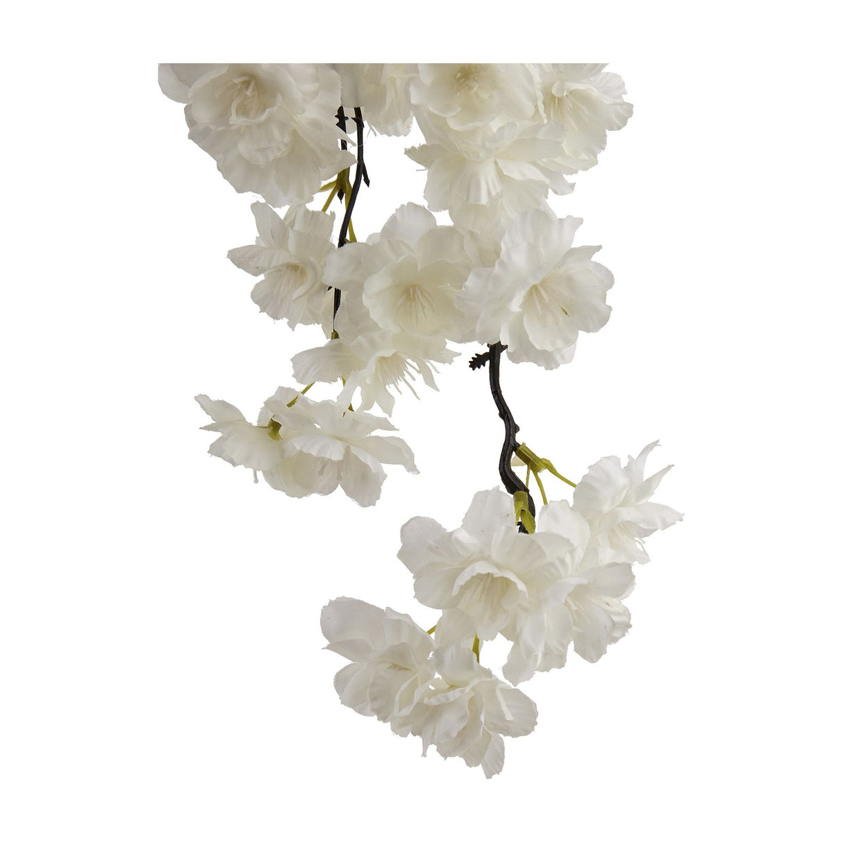 Hill Interiors Large White Cherry Blossom Stem with layered white petals and buds on a dark plastic branch, shown against a plain white background.