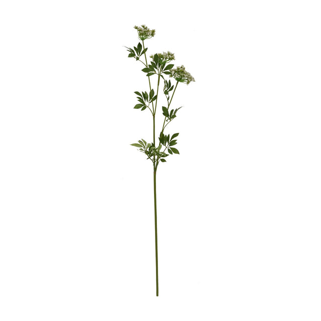 Hill Interiors Faux White Cow Parsley Ammi stem with delicate white lace-cap florets and green foliage on a tall bendable plastic stem, on a white background.