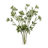 Hill Interiors Faux White Cow Parsley Ammi stems with tiny white florets and green foliage arranged in a clear glass vase against a white background.