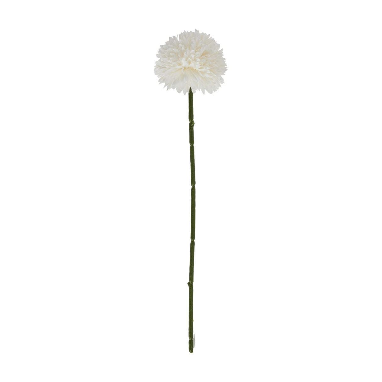 Hill Interiors White Short Chrysanthemum faux flower stem with a domed layered white bloom and green stem, shown against a plain white background.