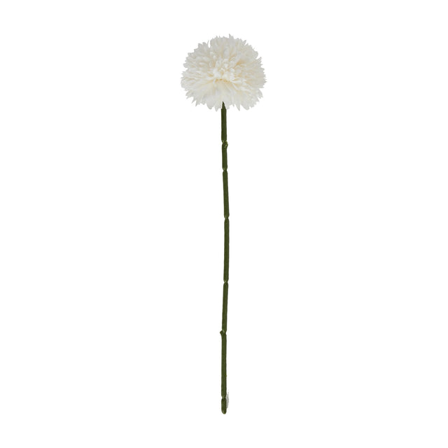 Hill Interiors White Short Chrysanthemum faux flower stem with a domed layered white bloom and green stem, shown against a plain white background.